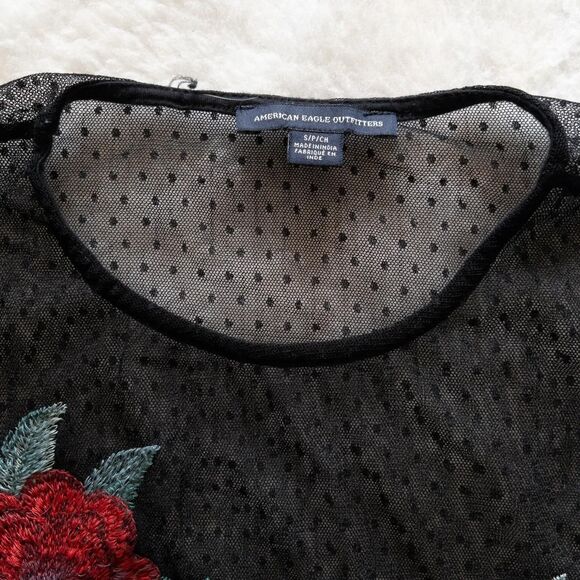 Black mesh long sleeve top with red rose embroidery from American Eagle. Size s - Picture 5 of 7